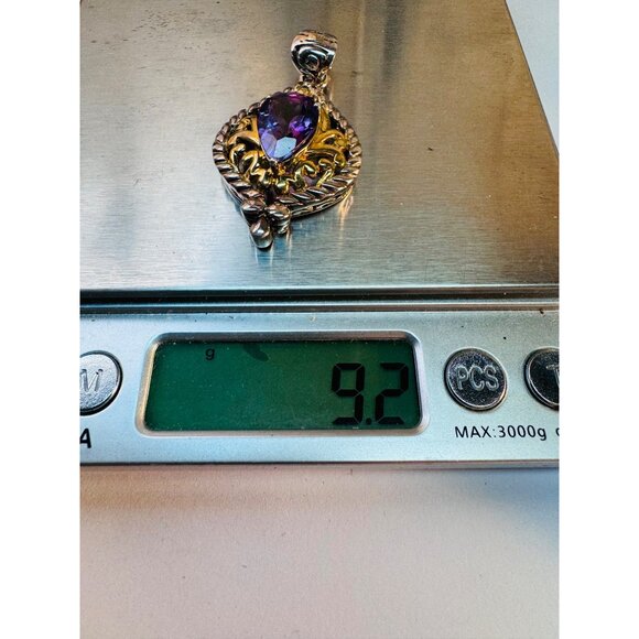 Estate Sterling Silver 925 Gold Tone Filigree Pendant w/ Pear Amethyst Gemstone - Picture 9 of 9